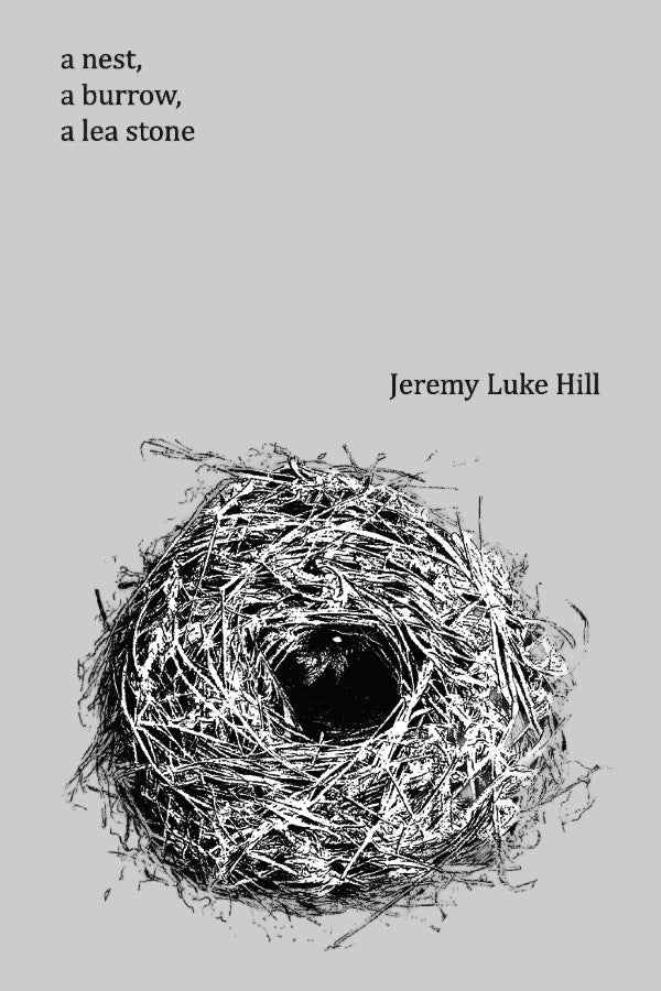 Book cover with a bird's nest illustration and text 'a nest, a burrow, a lea stone' by Jeremy Luke Hill.