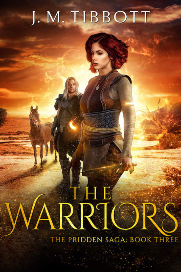 Book cover of 'The Warriors' by J.M. Tibbott featuring a warrior and horse in a desert landscape.