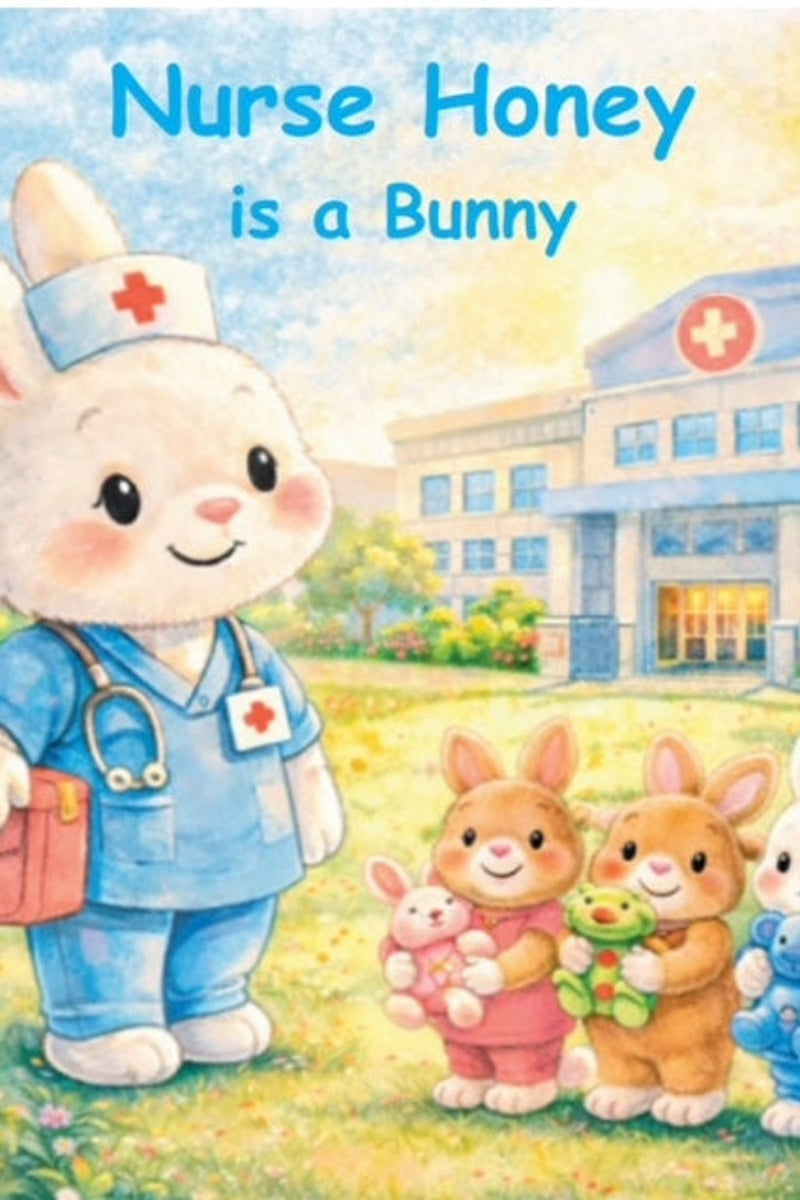 Book cover, of Nurse Honey is a Bunny, with cartoon rabbit dressed as a nurse with three baby bunnies in front of a hospital.