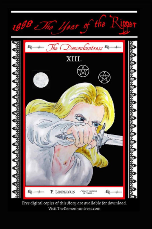 Cover of a book titled '1888 The Year of the Ripper' featuring an illustration of a woman with blonde hair and a knife.