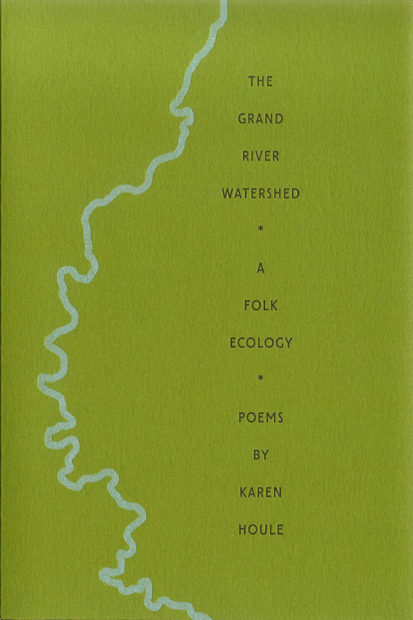 Book cover with a river illustration and text on a green background