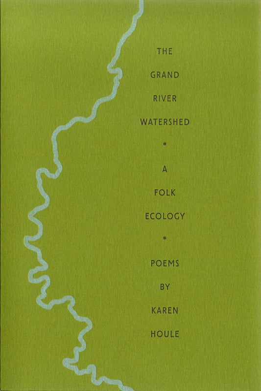 Book cover with a river illustration and text on a green background