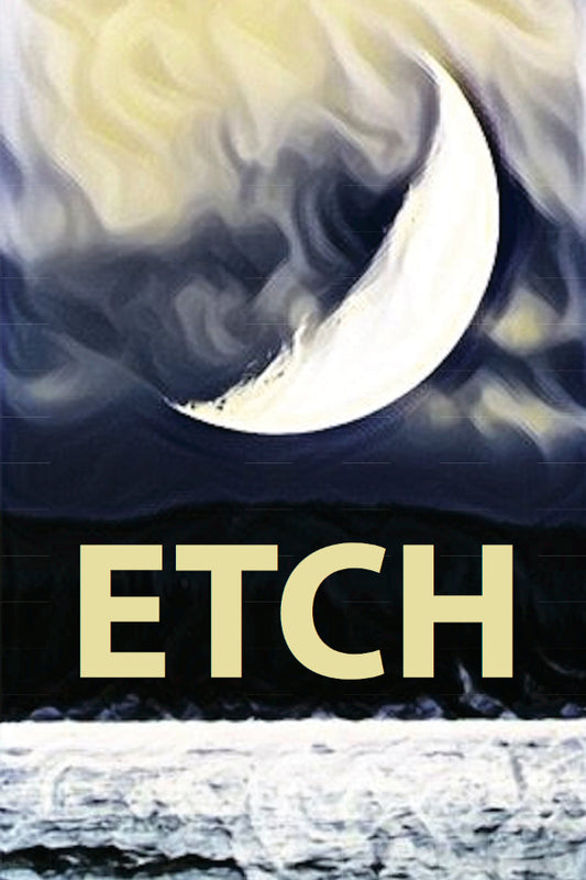 Abstract design with a half-moon and swirling patterns, featuring the word 'ETCH'.