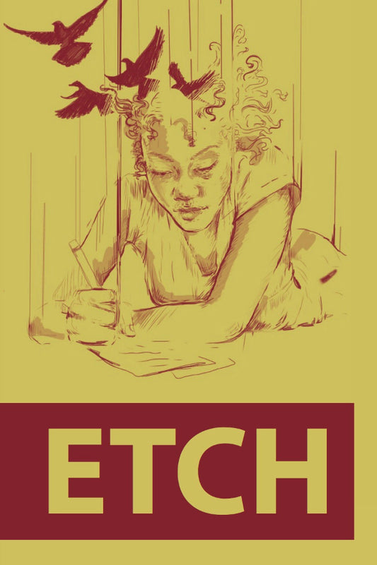 Illustration of a person drawing with birds flying above, on a yellow background with 'ETCH' text.