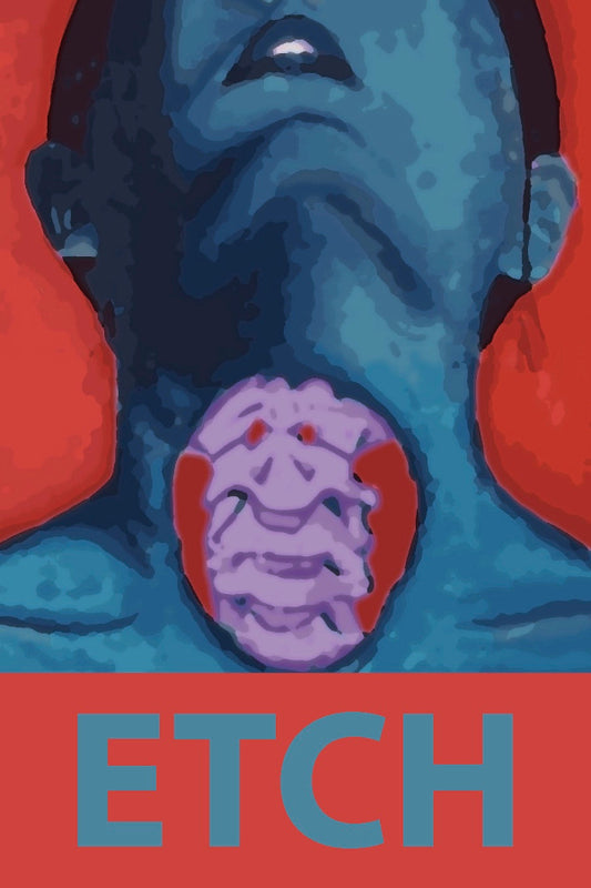 Illustration of a person with a purple brain-like structure on a red background with 'ETCH' text.