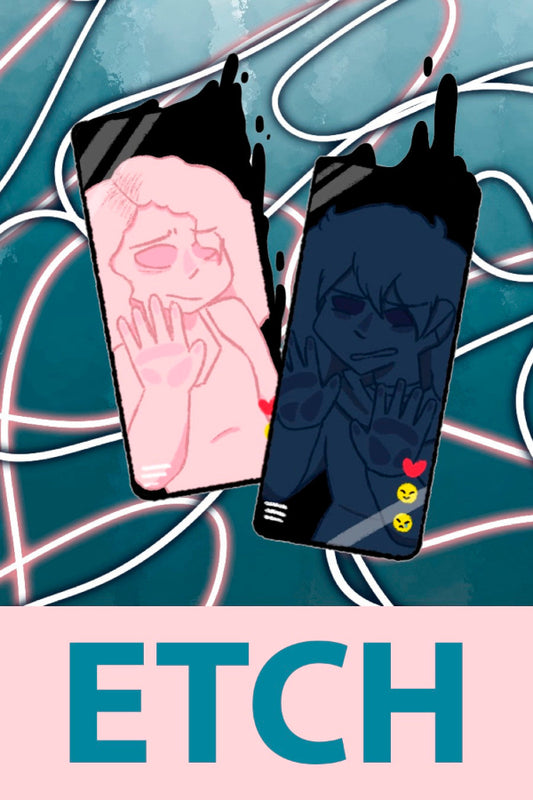 Two smartphones with cartoon faces on a stylized background with 'ETCH' text.