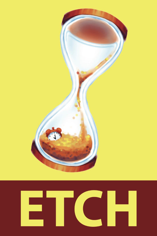 Hourglass with sand running out, symbolizing time passing, on a yellow background with 'ETCH' text.