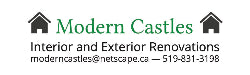 Logo for Modern Castles with contact information on a white background