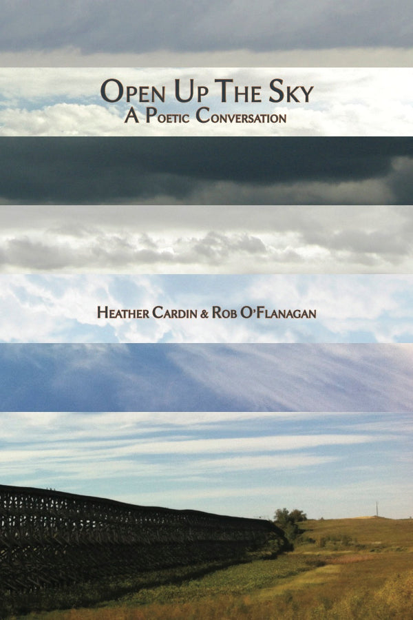 Book cover with a landscape of fields and clouds and text 'Open Up The Sky: A Poetic Conversation' by Heather Cardin & Rob O'Flanagan.
