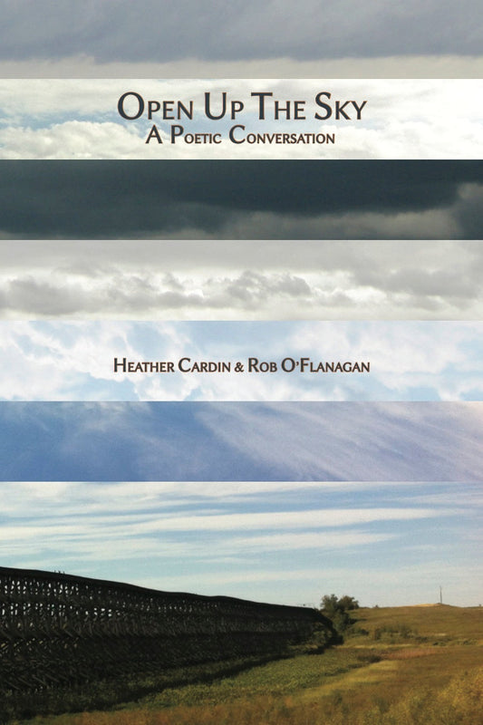 Book cover with a landscape of fields and clouds and text 'Open Up The Sky: A Poetic Conversation' by Heather Cardin & Rob O'Flanagan.