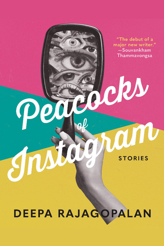 Book cover of 'Peacocks of Instagram' with a hand holding a phone and a pink and yellow background.