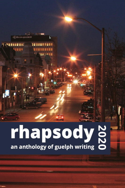 Book cover of 'rhapsody 2020' with a city street at night in the background