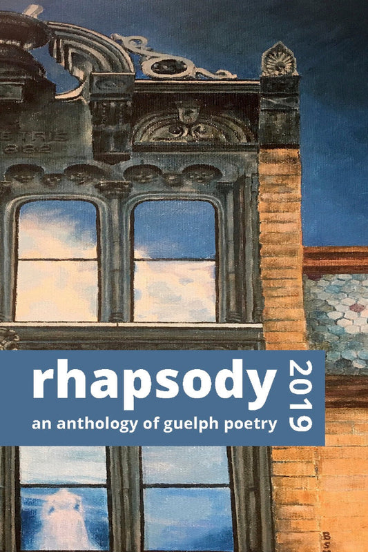 Book cover of 'rhapsody 2019: an anthology of guelph poetry' with architectural design and blue text.