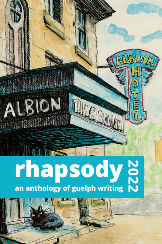 Book cover of 'rhapsody 2022' with illustration of Albion Hotel and cat.