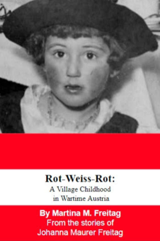 Black and white photo of a young girl with a red and black book cover