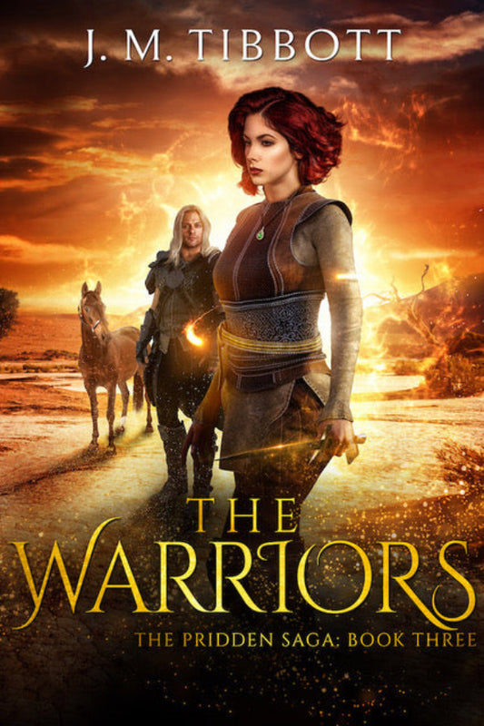 Book cover of 'The Warriors' by J.M. Tibbott featuring a warrior and horse in a desert landscape.