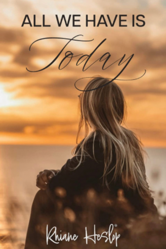 Person sitting on a beach at sunset with 'All We Have Is Today' text overlay