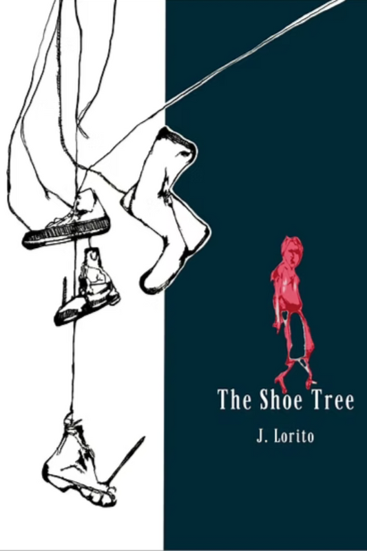 Book cover of 'The Shoe Tree' by J. Lorito with illustrations of feet and a person on a white and blue background.