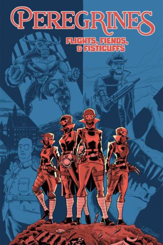 Comic book cover featuring characters in red suits with a blue background and text 'Peregrines: Flights, Fiends, & Fisticuffs'.