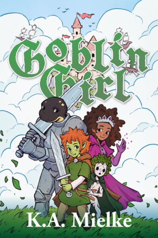 Book cover of 'Goblin Girl' featuring characters and a castle in the sky.