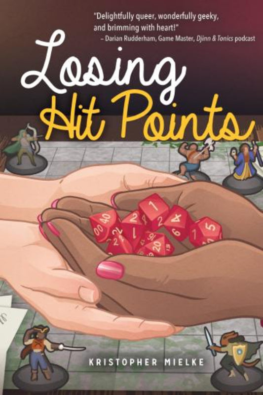 Book cover of 'Losing Hit Points' with hands holding dice and game figures in the background