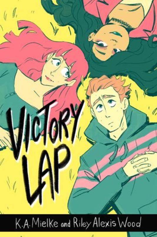 Book cover of 'Victory Lap' featuring three animated characters with a yellow background