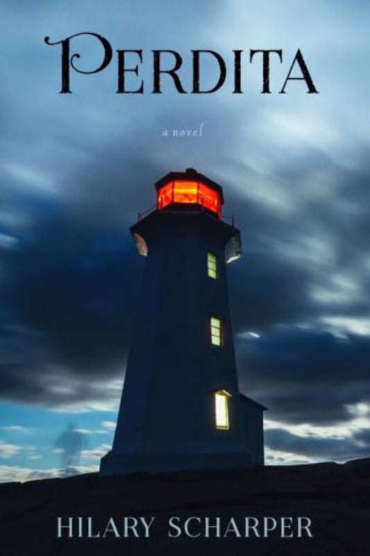 Book cover of 'Perdita' by Hilary Scharper with a lighthouse against a stormy sky.