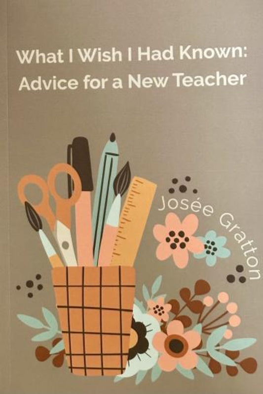 Book cover with stationery items and flowers on a brown background