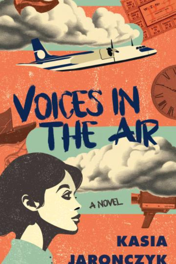 Book cover of 'Voices in the Air' by Kasia Jabonczyk with airplane, clouds, and woman's face.
