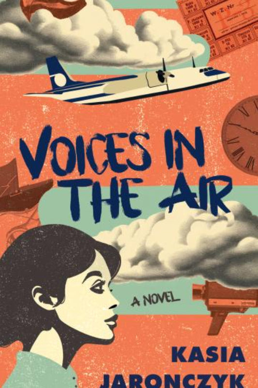 Book cover of 'Voices in the Air' by Kasia Jabonczyk with airplane, clouds, and woman's face.